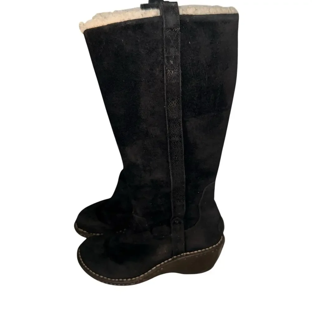 UGG Hartley Knee High Boots Black Suede & Sheep Skin Wedge S/N 3342 Size 7 M
